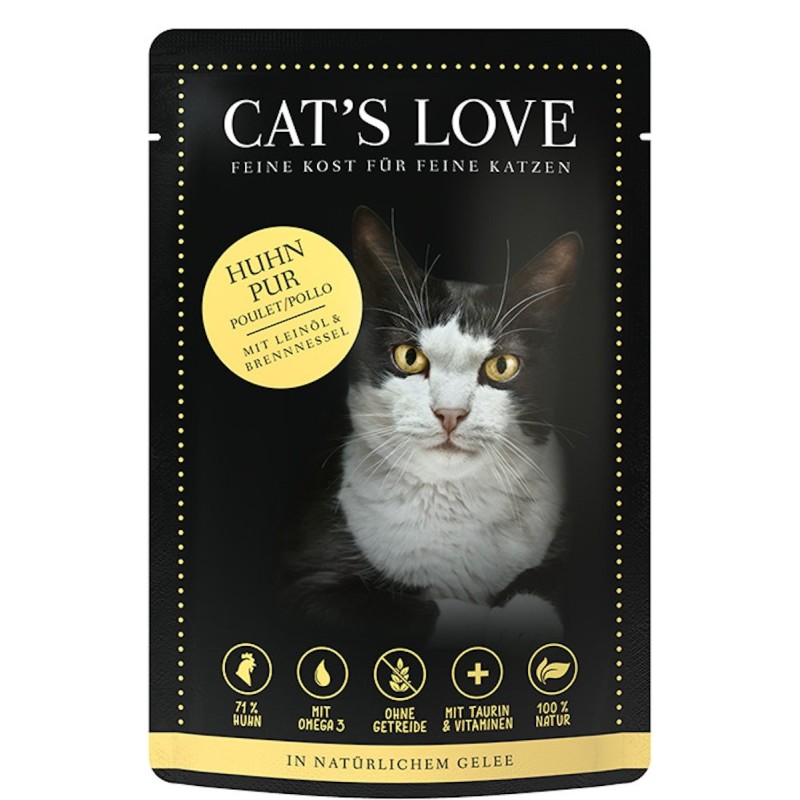 Cat's Love Adult 85g Beutel Katzennassfutter Sparpaket 24 x 85 Gramm Huhn Pur mit Leinöl & Brennessel