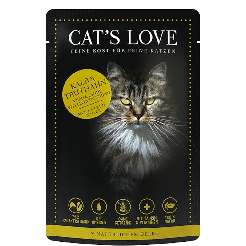 Cat's Love Adult Mix 85g Beutel Katzennassfutter Sparpaket 24 x 85 Gramm Kalb & Truthahn mit Katzenminze