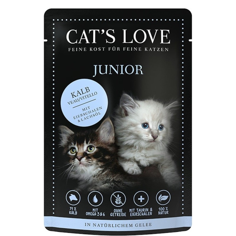 Cat's Love Junior 85g Beutel Katzennassfutter Sparpaket 24 x 85 Gramm Kalb Pur mit Eierschalen & Lachsöl