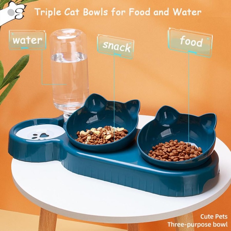 Triple Cat Bowls Pet Feeder, 2-in-1 Double Bowls with Automatic Drinking Bottle, Tilted and Rotatable Design for Cats and Dog