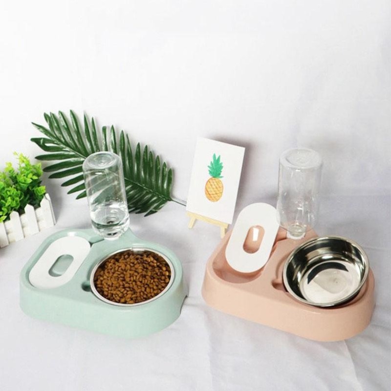 Cat and dog bowl double bowl automatic drinking water cat and dog rice bowl does not wet the mouth stainless steel bowl