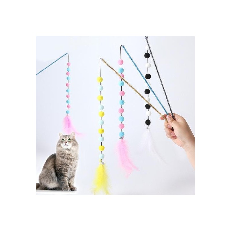 Cat Wand Colorful Feather Plush Balls Bite-Resistant Long Pole Comfortable to Grip Entertaining