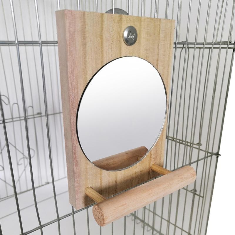 Bird Parakeet Mirror For Cage, Wooden Hanging Interactive Play Toys With Standing Stick, Cockatiel