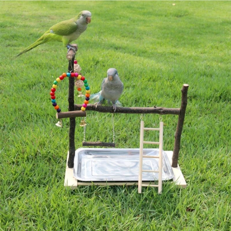 Bird Perch Stand, Parrot Wood Stand Rack With Climb Ladders Chewing Toys, Birds Food Dispenser