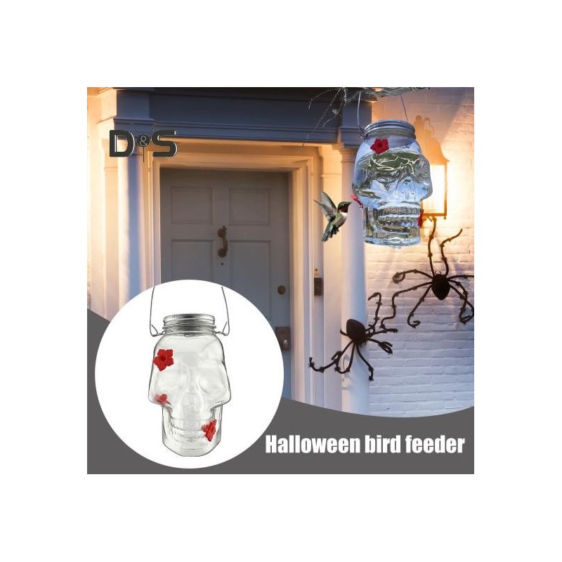 Skull Bird Feeder Outdoor Hanging Jar Hummingbird Feeder with 3 Flower Ports Halloween Garden Backyard Decor for Bird Lovers