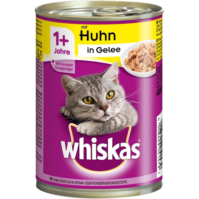 Whiskas 1+ in Gelee 400 Gramm Katzennassfutter 12 x 400 Gramm Huhn