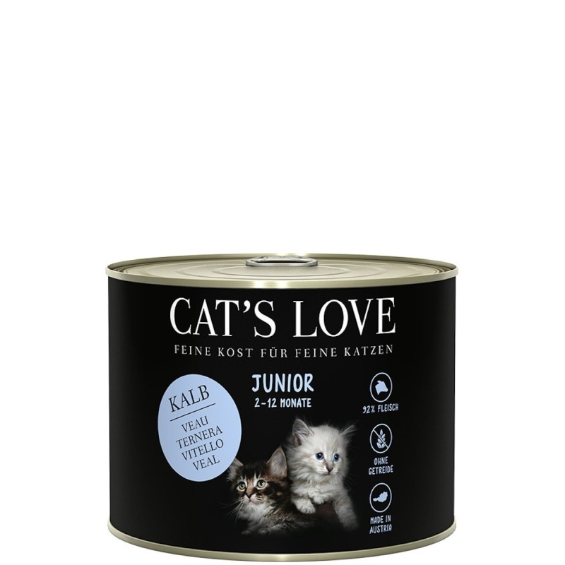 Cat's Love Junior 200g Dose Katzennassfutter Sparpaket 12 x 200 Gramm Kalb mit Eierschalen & Lachsöl