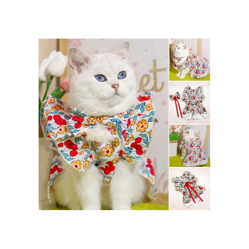 1 Set Haustier Kleid Blumendruck Hund Prinzessin Kleid Set mit Kopfbedeckung Rüschenärmeln Katze Sommerkleid Heimtierbedarf X