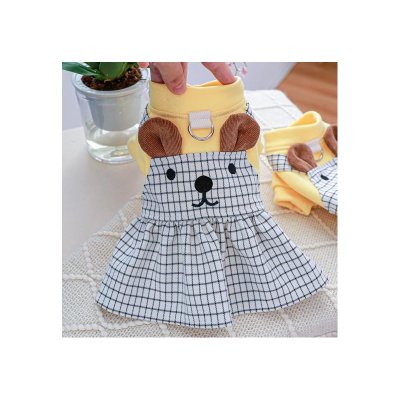 Schöne weiche Knopfverschluss Haustier Kleid Cartoon Bär Ohren Dekor Katze Hund Plaid Overall liefert 2 XS