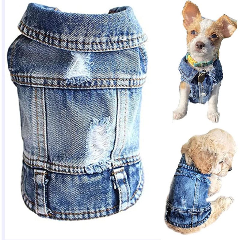 Jeansweste, Jacke, T-Shirt, süße Welpenkleidung, bequeme, coole Kleidung für kleine Hunde XS blau