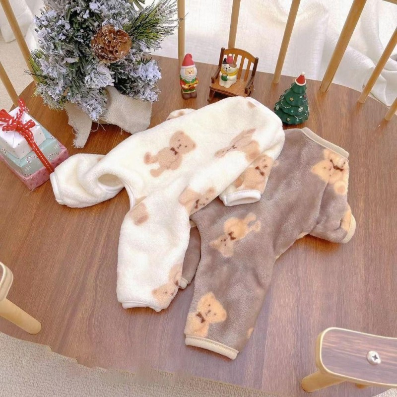 Flanell-Haustier-Plüsch-Overall, Bären-Druck, Winter-Hundekleidung, warmer Samt-Pyjama für Hunde für Katzen S weiß