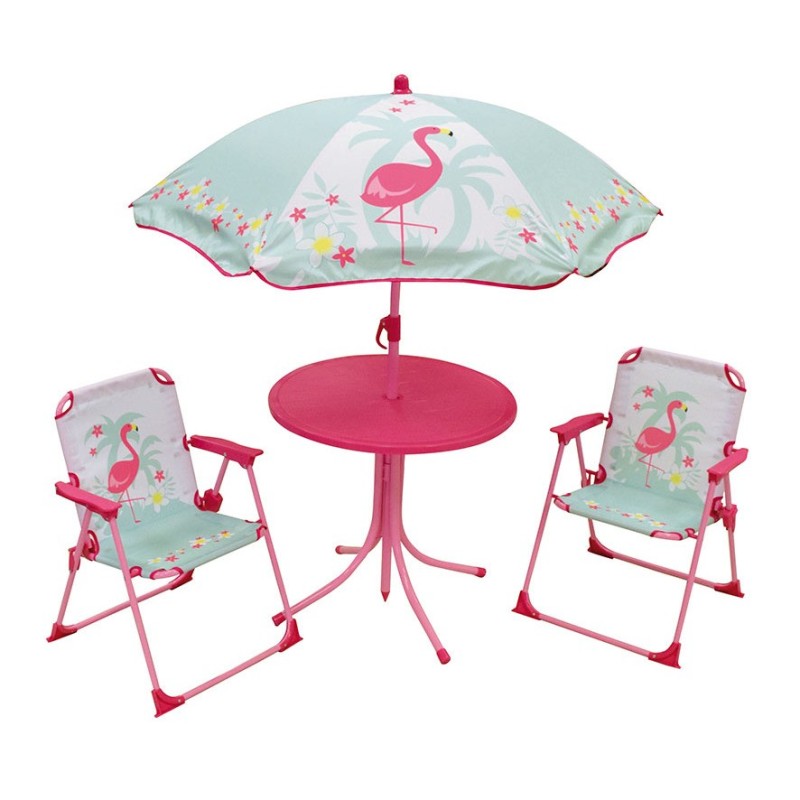 Tisch + 2 Stühle + Kindersonnenschirm Jemini Flamingo