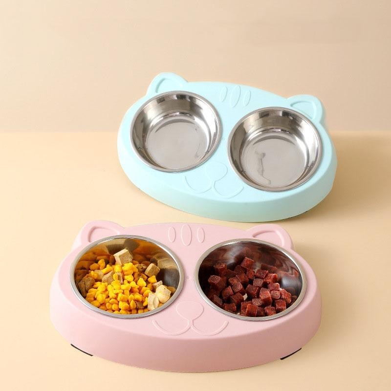 Macaron Pet Double Bowl Kunststoff Kätzchen Hundefutter Trinktablett Feeder Katze Füttern Heimtierbedarf Zubehör grün