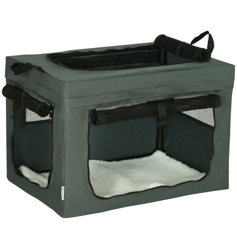 Hundetasche Hundebox mit Meshfenster, Katzentransportbox mit Kissen, Grau