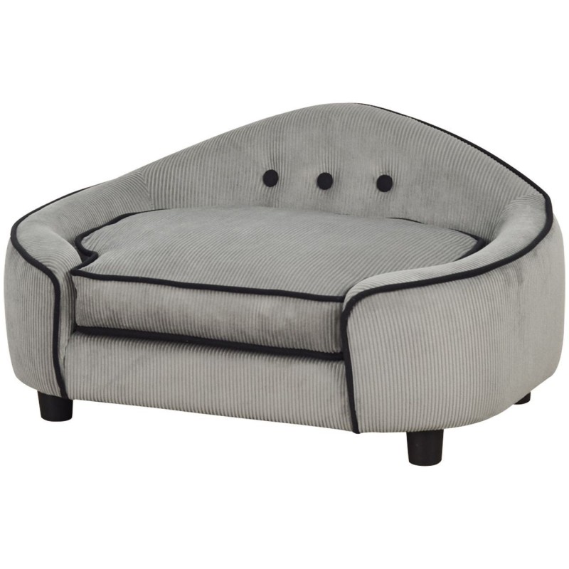 Haustiersofa, Hundebett, Hundematte, Hundesofa, Naturholz+Plüsch, Grau, 66,5 x 45 x 35,5 cm