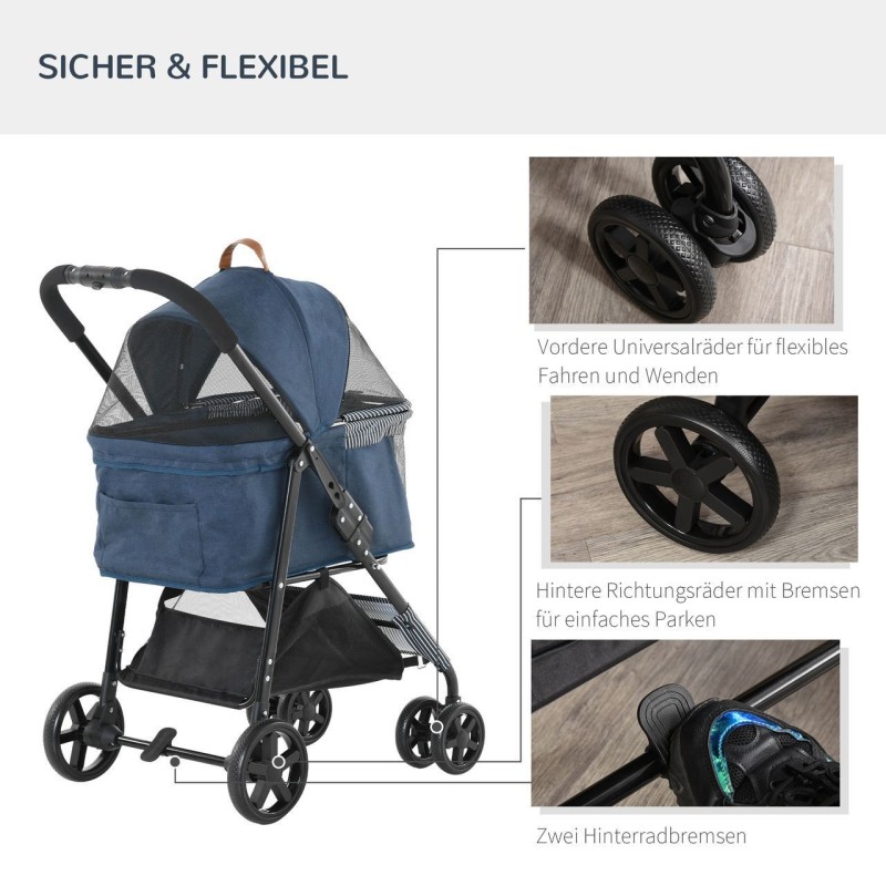 2-in-1 Hundebuggy Transporttasche Katzenbuggy mit Universal Rad abnehmbar Abdeckung Oxford Dunkelbla