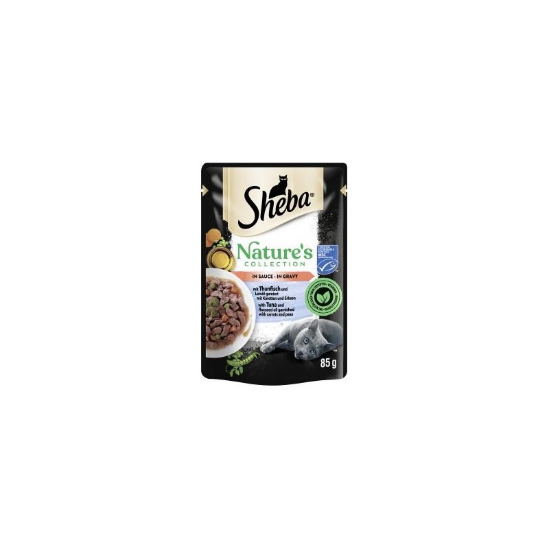 Sheba Nature's Collection in Sauce mit Thunfisch und Leinöl garniert mit Karotten und Erbsen