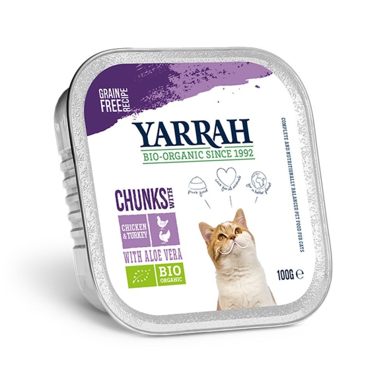 Yarrah Bio Chunks Katzenfutter - Schälchen - Huhn & Truthhahn mit Aloe Vera - 16 x 100g