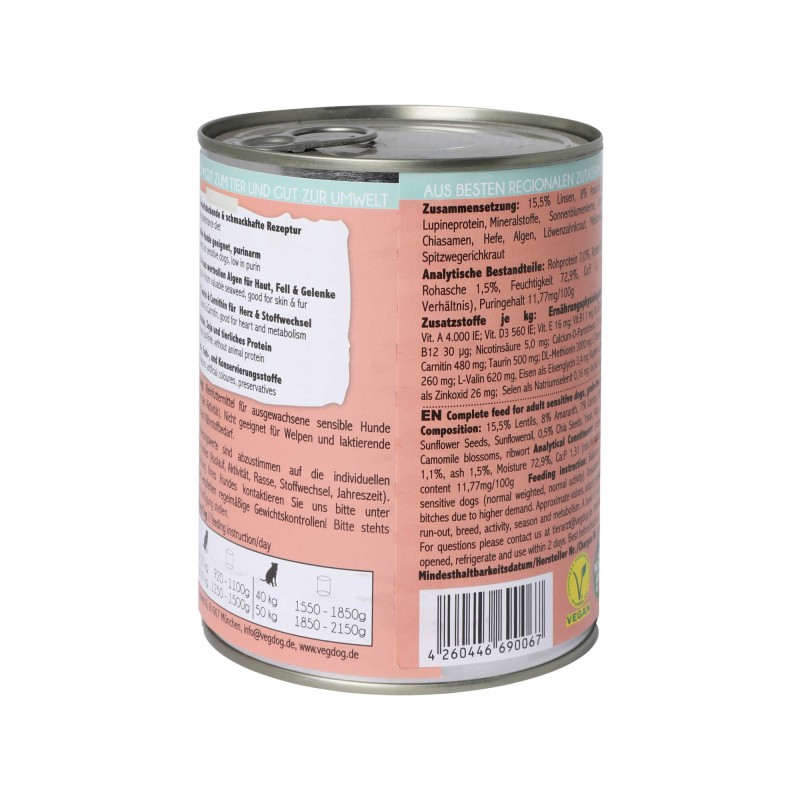 Vegdog Sensibelchen No1 Hundefutter - Dose 6 x 800 g