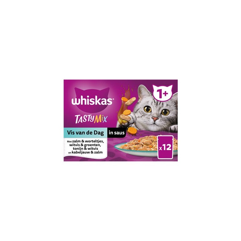 Whiskas 1+ Nassfutter - Leckerer Mix - Fisch des Tages in Soße - 12 x 85g