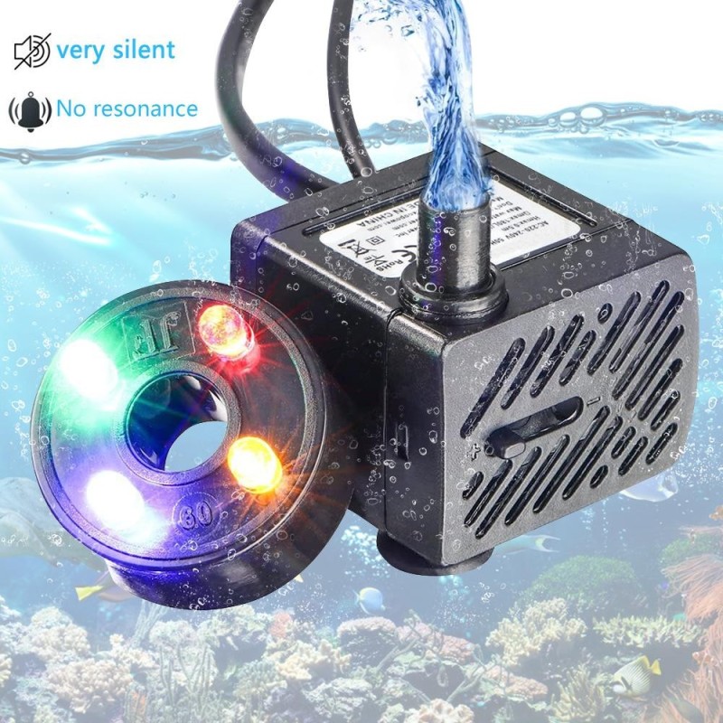 Springbrunnenpumpe mit 4 LED-Lichtern, superleise, kleine Tauchwasserpumpe (180 l/h, 2 W) für Aquarien