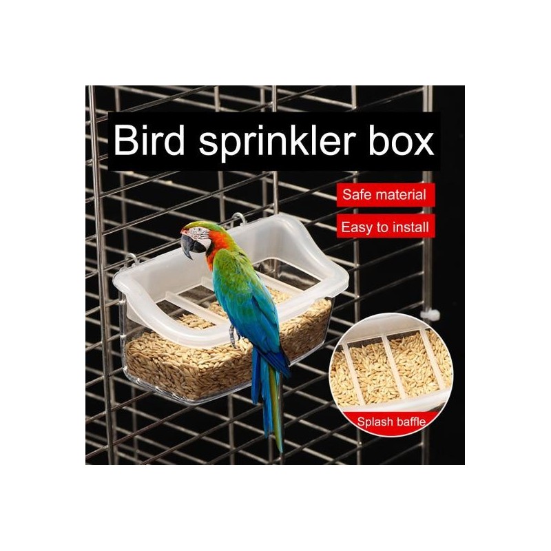 Box, langlebig, praktisch, transparent, zum Aufhängen, Vogelfutterspender mit Spritzschutzgitter für Vogelkäfig