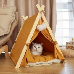 Verwöhnen Sie Ihr Haustier mit diesem Tipi-Zelt aus massivem Holz und der abnehmbaren Leinwandabdeckung.