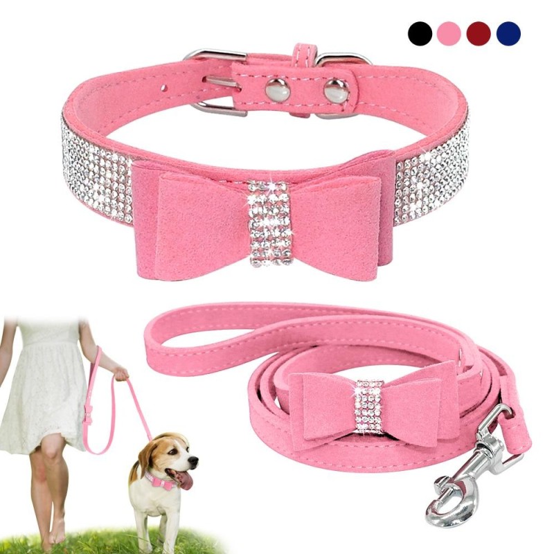 Set aus glitzerndem Hundehalsband und Gürtel aus Leder mit Strass und Kristalldiamanten, hübsches Hundehalsband mit Schleife