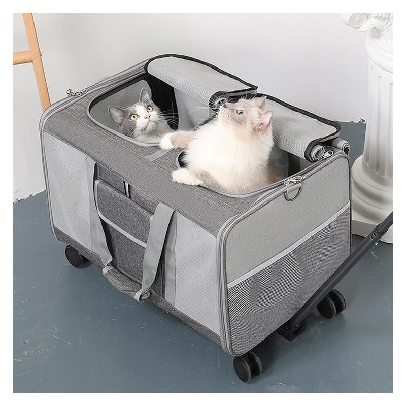 Haustiertransportbox mit zwei Fächern und abnehmbaren Rädern für atmungsaktive Haustier-Trolleytasche für Katzen/Hunde