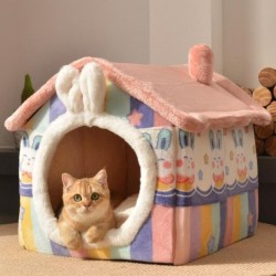 Weiches Katzenbett, tiefes Schlafhaus, Hundekatze, Winterhaus, abnehmbares Kissen, geschlossenes Haustierzelt für Kätzchen, W