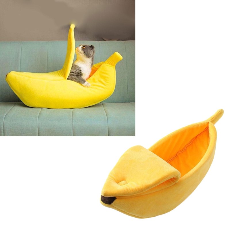 Banana Shape Cat Cave Bed Tent for Indoor Small to Large Cat Washable Soft Cushion Fun Banana Sleeping Bag