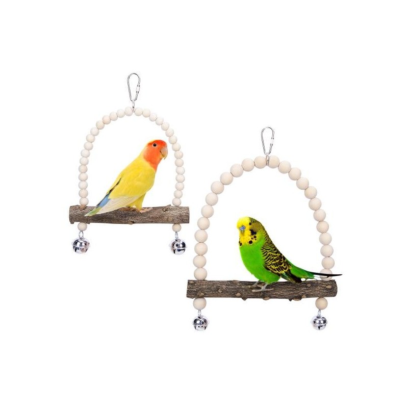 Bird Swing Toy with Beads Bells Teeth Grinding Natural Wooden Parrot Perch Hanging Swings