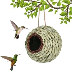 Handgewebtes Naturgras-Vogelhaus mit hängendem Seil, handgefertigtes Vogelnest, Schutzhütte, kleines Vogelversteck