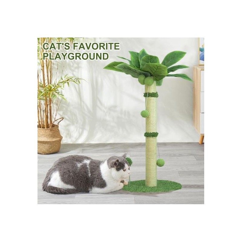 Cat Scratching Post Coconut Palm Scratcher Post with Interactive Ball Toy for Indoor Cats Sisal Self-Grooming Tool