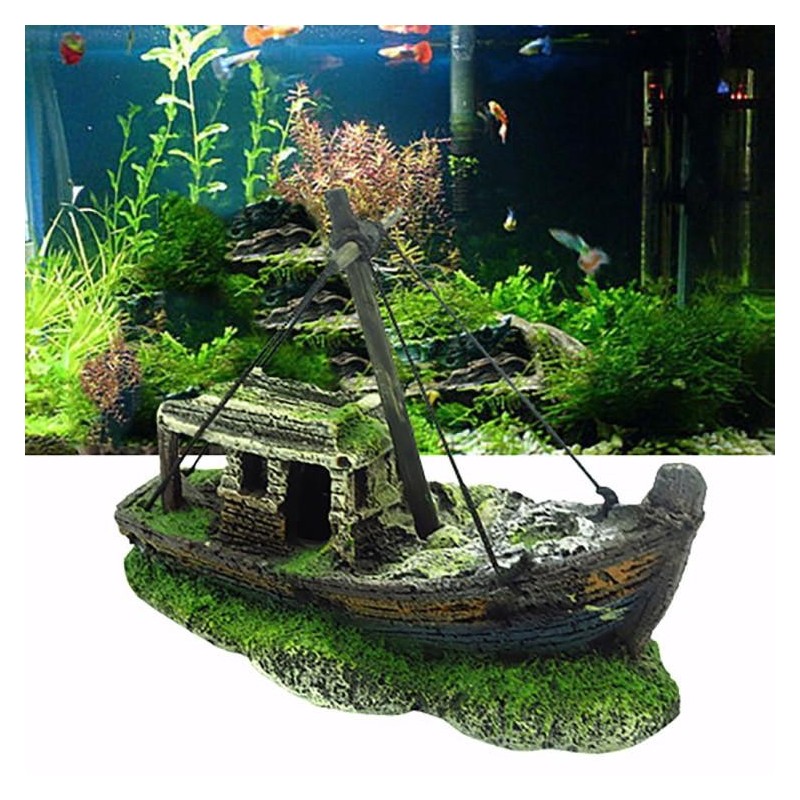 Kleines landschaftlich gestaltetes Aquarium, Piraten-Aquarium, Boot, künstliche Ornamente, Sucher, Glashaus, Kunstharz