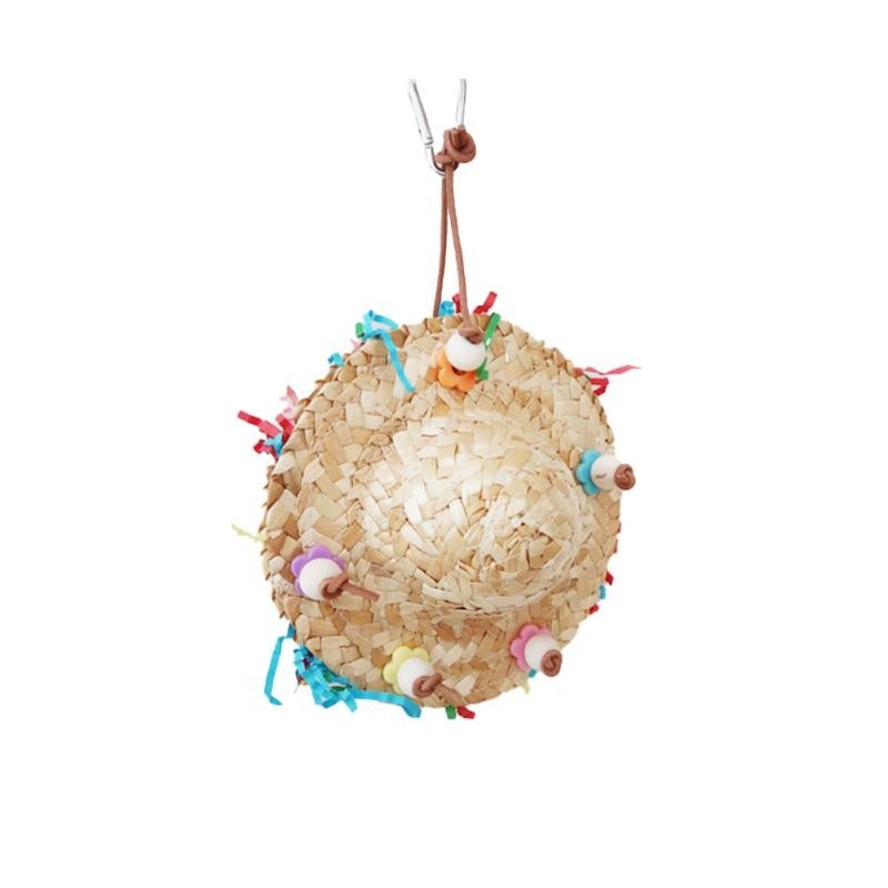 Parrot Toys, Chewing Bird Toy, Wear-resistant Cage Hanging Decorations, Straw Hat Shape Bird