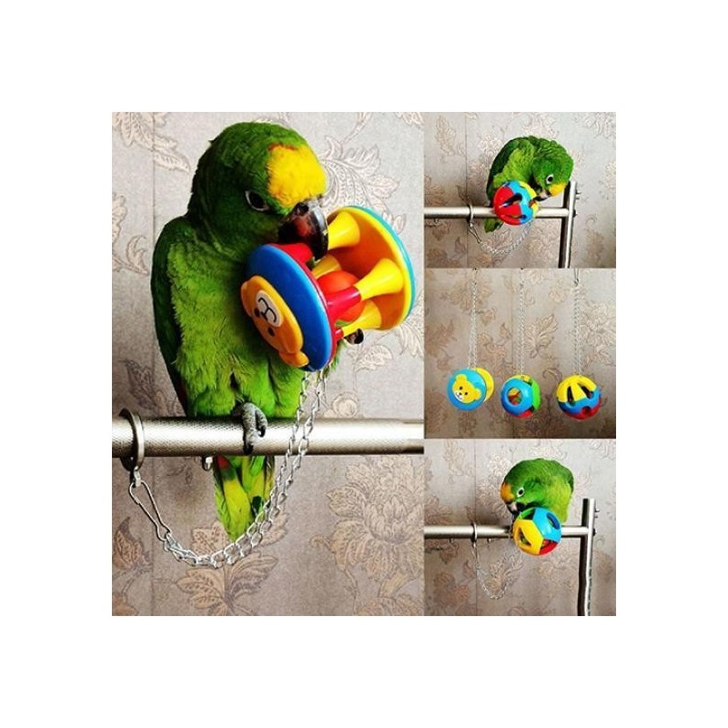 Niedliches Haustier-Vogel-Kauball-Kettenkäfigspielzeug aus Kunststoff für Papageien, Nymphensittiche, Sittiche