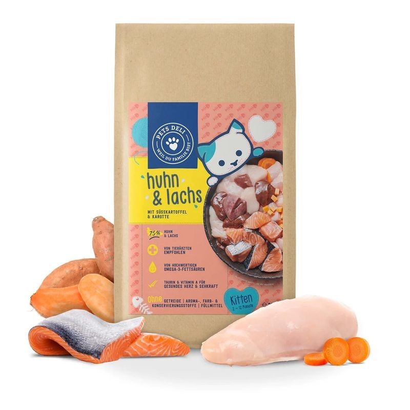 PetsDeli Premium Trockenfutter Huhn & Lachs Junior für Katzen