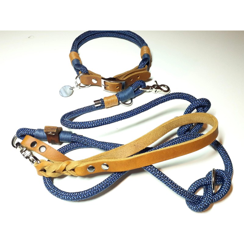 Halsbandset Tau Set STEVE aus Kletterseil in blau mit Gravur | Set: Halsband | Beschläge: Roségold