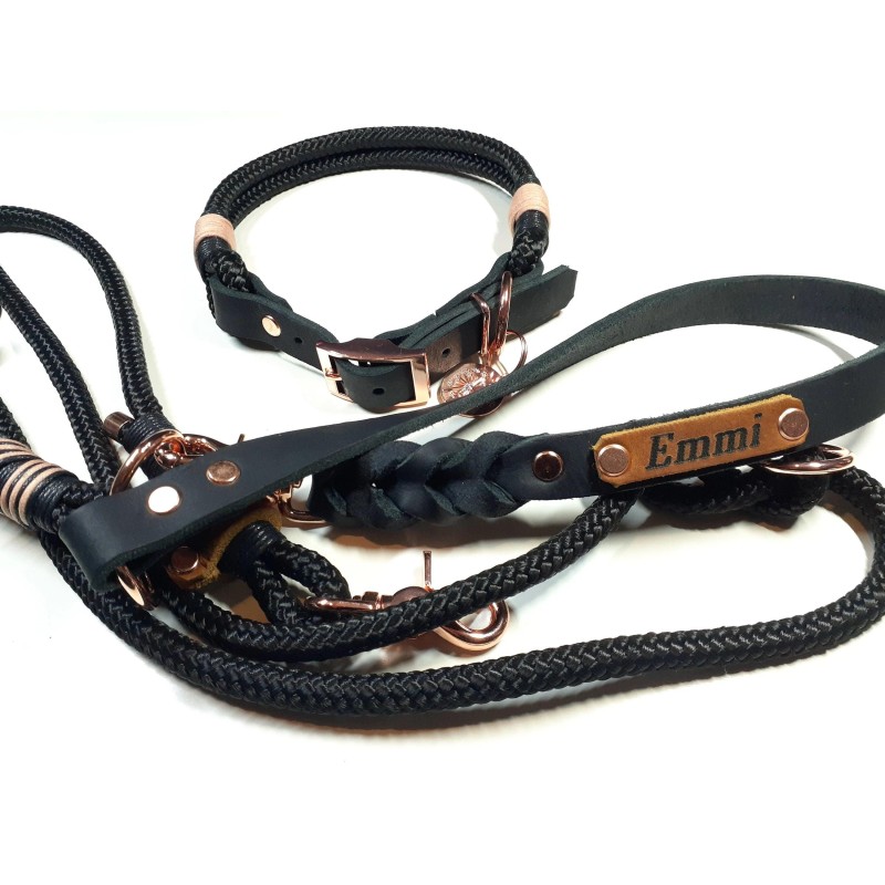 Hundehalsband Set EMMI in schwarz mit Gravur | Auswahl: Halsband | Beschläge: Roségold