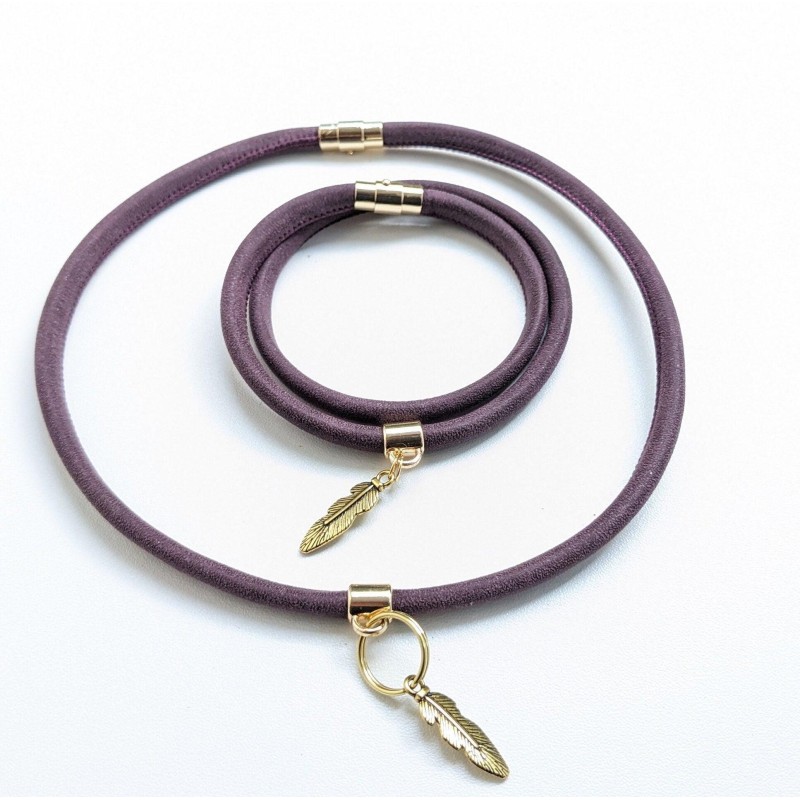 Markenband und Wickelarmband aus gestepptem Kunstleder in aubergine | Farbe: Aubergine