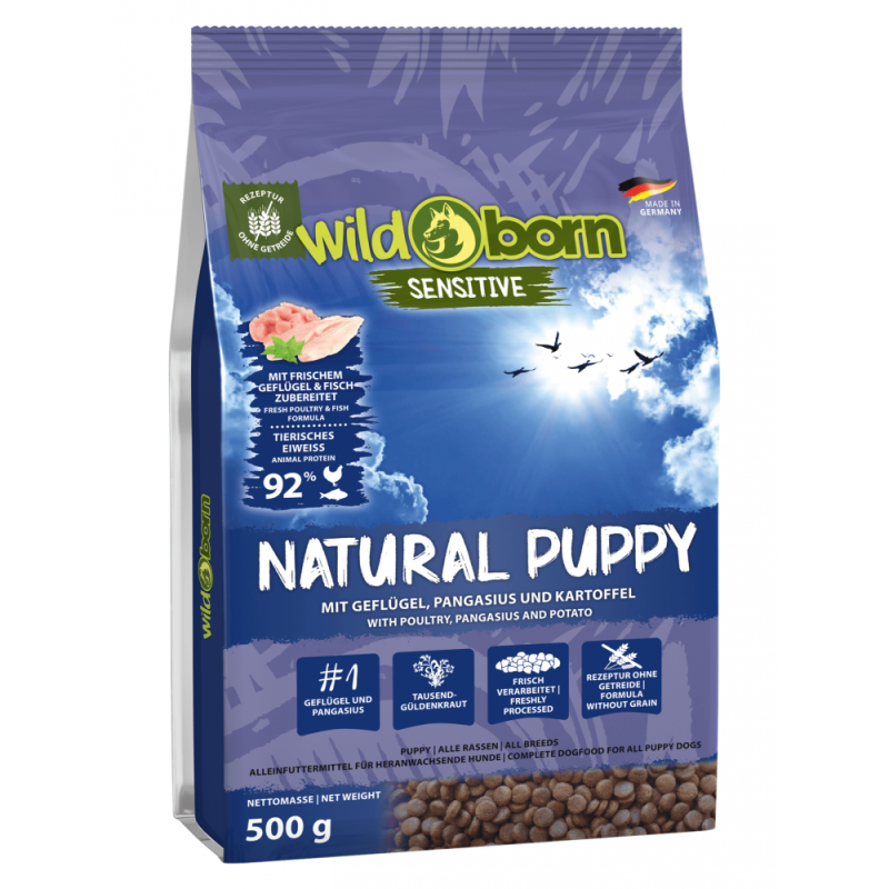 Hundefutter getreidefrei mit Geflügel + Pangasius 500g Trockenfutter WILDBORN Natural Puppy