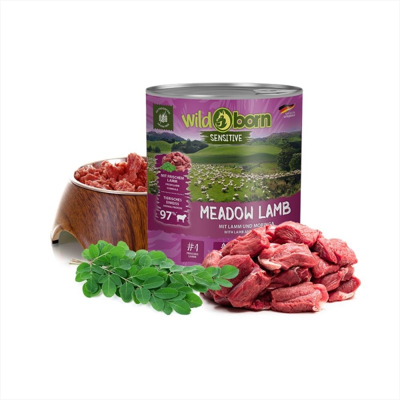 Wildborn Meadow Lamb Nassfutter mit Lamm 6x800g getreidefreies Hundefutter aus Deutschland für alle Hunde