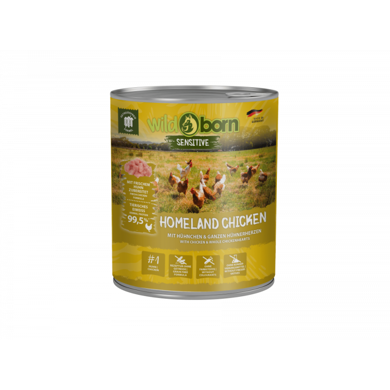 6 x 800g, WILDBORN Homeland Chicken Hundefutter mit Huhn & Hühnerherzen