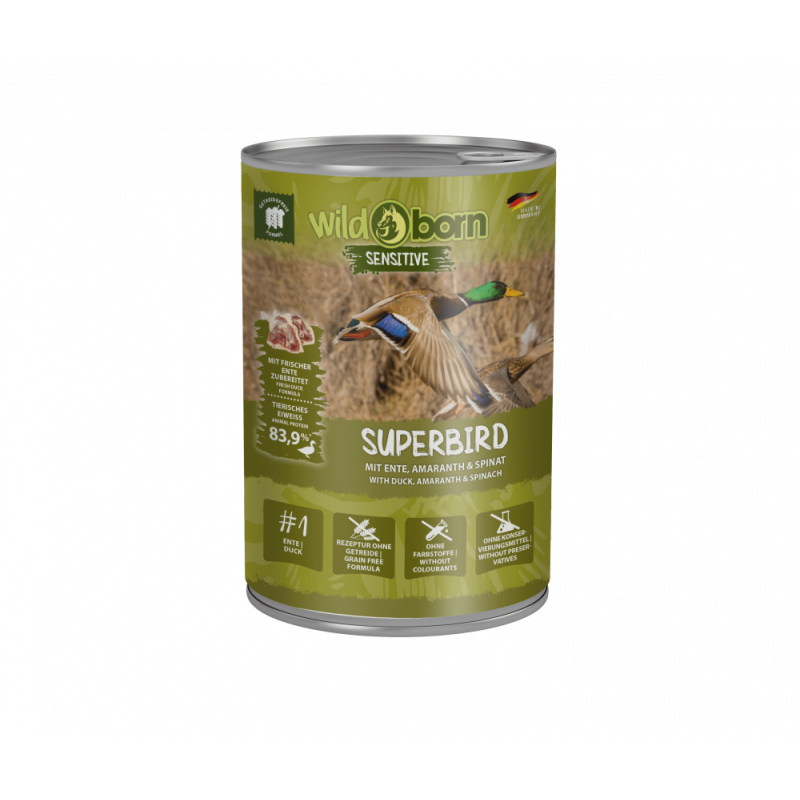 6 x 400g, WILDBORN Superbird Hundefutter mit Ente, Amaranth & Spinat