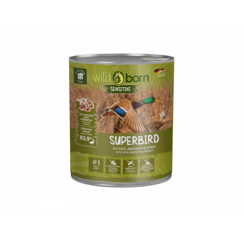 6 x 800g, WILDBORN Superbird Hundefutter mit Ente, Amaranth & Spinat