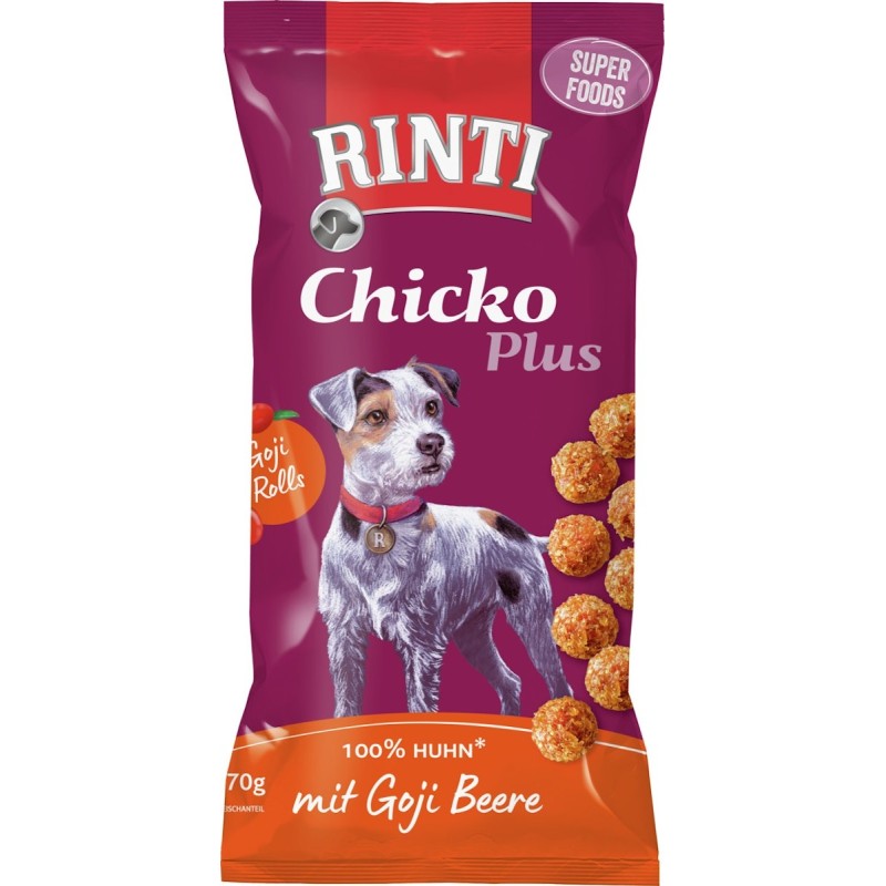 RINTI Chicko Plus Superfoods Huhn 70 Gramm Hundesnack Sparpaket 16 x 70 Gramm Goji Beere