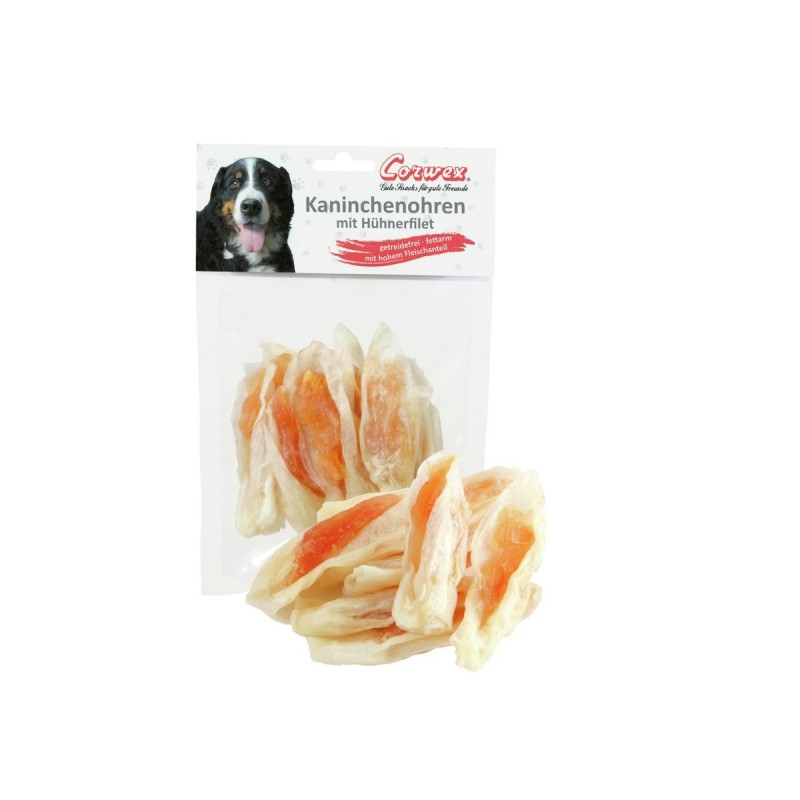 Corwex 70 Gramm Hundesnacks 12 x 70 Gramm Kaninchenohren mit Hühnerfilet