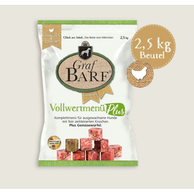 Graf Barf Vollwertmenü PLUS Hähnchen Spezialfutter / Frostfutter für Hunde Sparpaket 8 x 2,5 Kilogramm