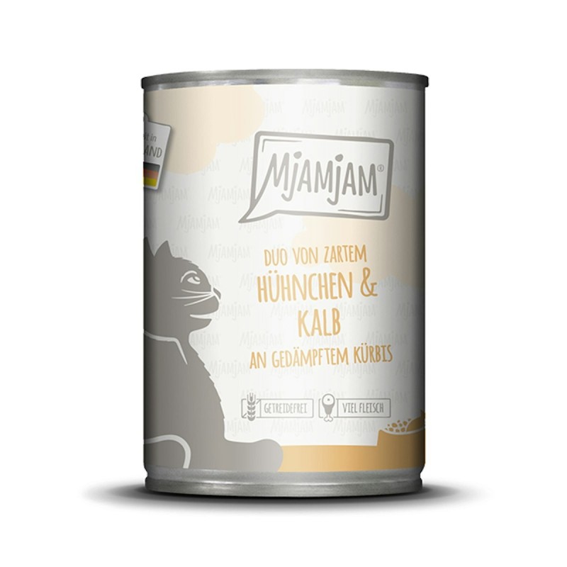 MjAMjAM – DUO 400g MjAMjAM Katze Sparpaket 12x400g DUO Hühnchen und Kalb mit Kürbis